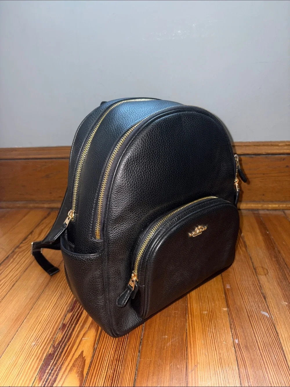 Coach Black Pebbled Leather Zip-Top Backpack with Gold Hardware